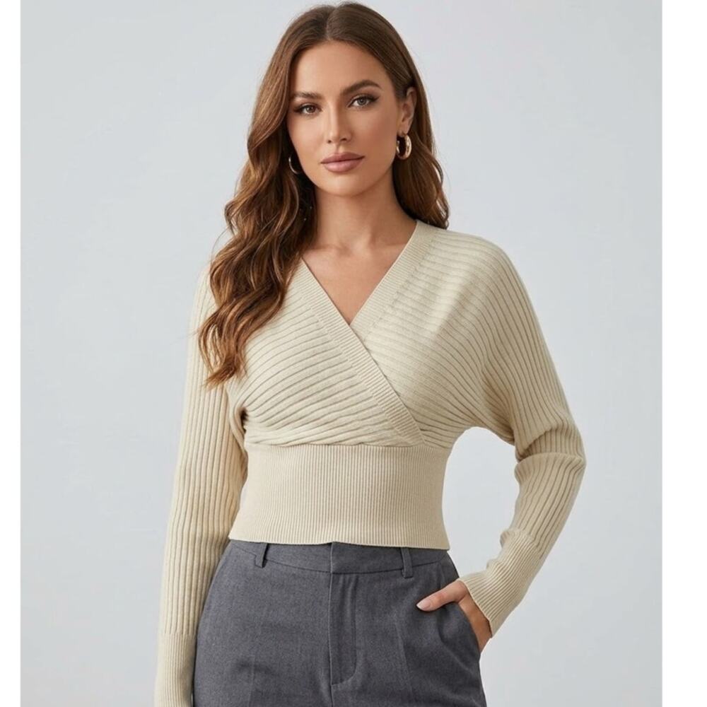 SHEIN SXY NWT Womens Large Beige Ribbed Knit Cross Wrap V-Neck Crop Sweater Top